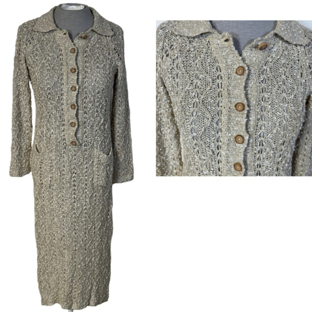 Vintage Pallas Irish Linen Sweater Dress Beige Cream Women’s Small Midi Buttons